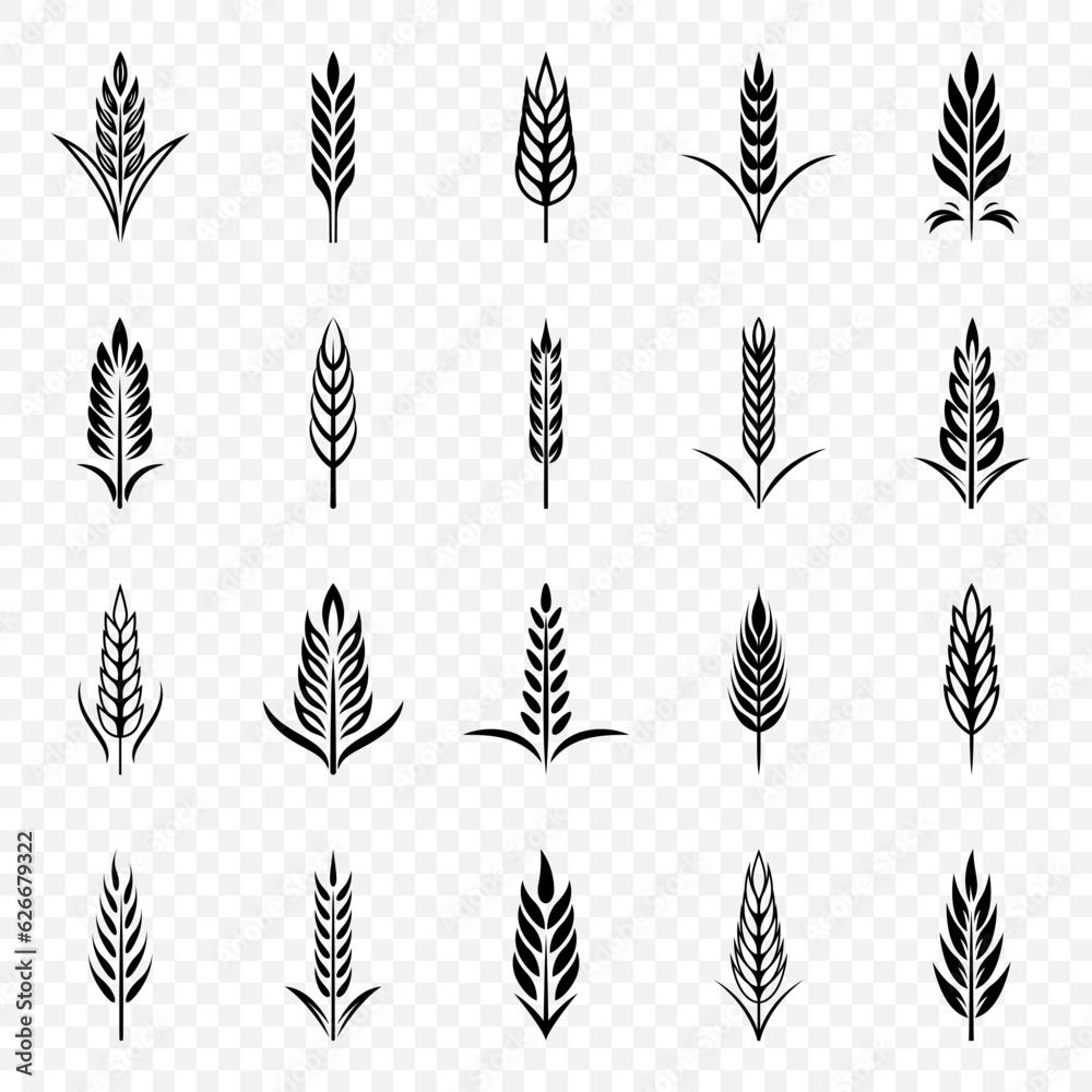 Flat Vector Black and White Agriculture Wheat Icon Set Isolated, Organic Wheat, Rice Ears. Design Template for Bread, Beer Logo, Packaging, Labels