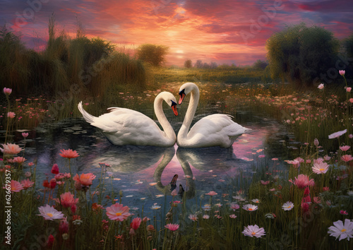 Pair of Swans in the beautiful sunset lake