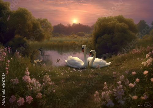 Couple of white Swans in the beautiful sunset lake