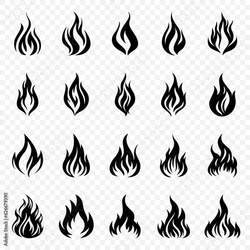 Fototapete Flat Vector Black and White Fire Flame Silhouette Icon Set