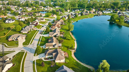 Pond property houses rich suburban neighborhood aerial