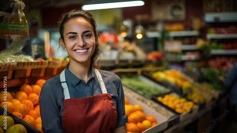 A smiling woman store employee in a grocery store. Person with an apron working in the market. Generative AI.