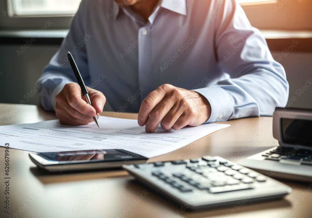 Naklejka premium Person meticulously reviewing personal finances, examining budget, income, taxes, debt, and credit card details on paper, highlighting financial responsibility, closeup on hands