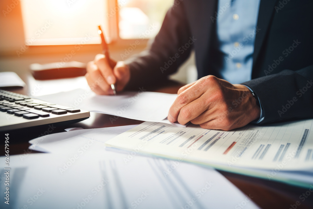 Fototapeta premium Person meticulously reviewing personal finances, examining budget, income, taxes, debt, and credit card details on paper, highlighting financial responsibility, closeup on hands