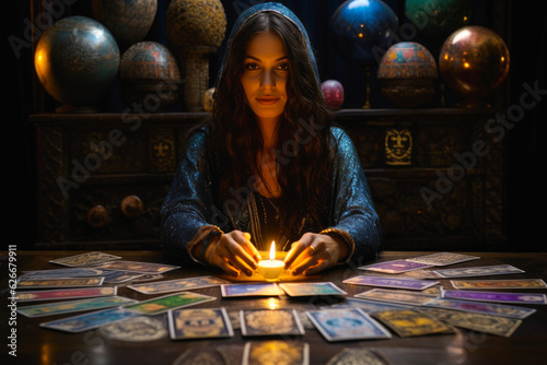 Tela A female fortune teller, with an array of mystical tarot cards displayed on a ta