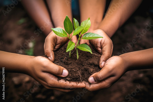 Hands together holding small plant in fertile soil, environmental sustainability, nurturing growth, eco-awareness concept. Closeup
