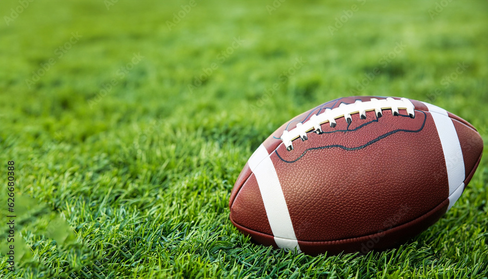 Ball for American football on fresh green field grass, closeup. Space for text Ball for American football on fresh green field grass, closeup. Space for text