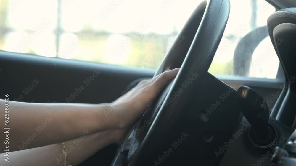 custom made wallpaper toronto digitalWoman Press To Car Horn Because Stucked in Traffic and She Rushes To Arrive To Her Home, Woman Press To Car Horn On the Steering Wheel. Side Angle View Inside of the Car. Real Time Daylight Shot.