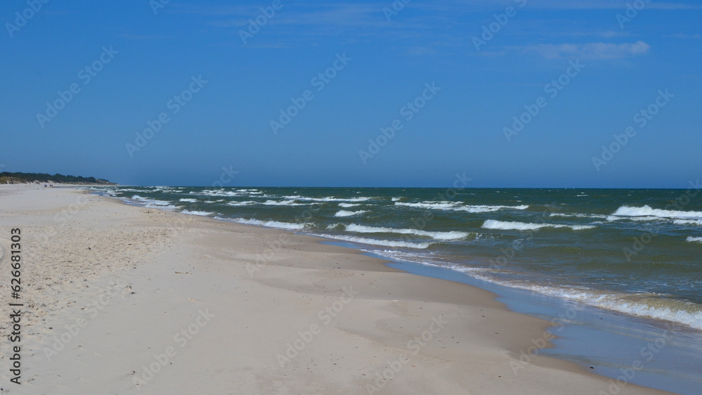 Baltic Sea coast and wild beach next to moving dunes in the Slovincian National Park also known as Slowinski National Park. Leba, Poland 