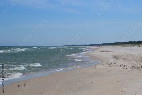 Baltic Sea coast and wild beach next to moving dunes in the Slovincian National Park also known as Slowinski National Park. Leba  Poland 