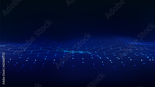 Digital hexagon dynamic wave of particles. Vector abstract blue futuristic background. Big data visualization.