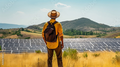 A man visits a solar farm learning about the history and future of solar energy.