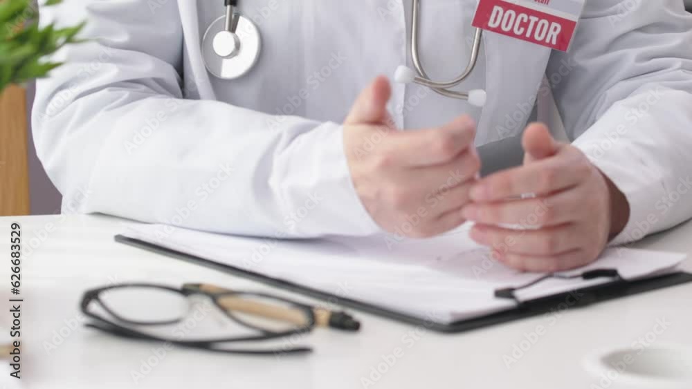 unrecognizable doctor hands in white coat sit table gesturing talking in office. concept doctor's appointment prescriptions medicine worker speech. white robe, stethoscope, glasses, clipboard on desk unrecognizable doctor hands in white coat sit table gesturing talking in office. concept doctor's appointment prescriptions medicine worker speech. white robe, stethoscope, glasses, clipboard on desk