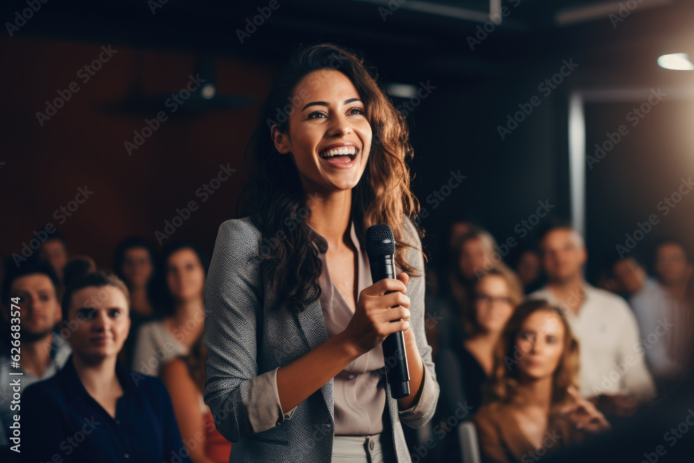 Empowered woman delivering an engaging and dynamic presentation to a female audience. The corporate setting highlights her professionalism and leadership - obrazy, fototapety, plakaty 