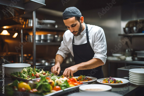 A young male chef preparing food in a restaurant kitchen, displaying culinary expertise and passion for cooking