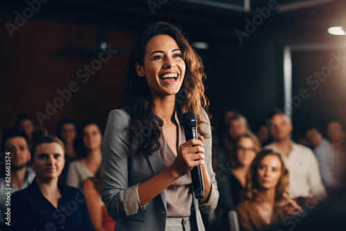 Billede på lærred Empowered woman delivering an engaging and dynamic presentation to a female audience