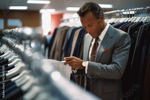 Man shopping for business suit formal jacket attire and browsing through clothes on a rack in a department store