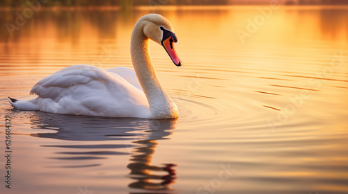 A majestic swan gracefully gliding across a serene lake at sunset  its reflection shimmering in the water Generative AI
