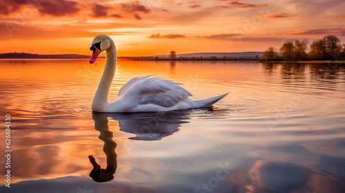 A majestic swan gracefully gliding across a serene lake at sunset, its reflection shimmering in the water Generative AI © Наталья Евтехова