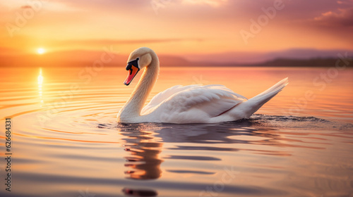A majestic swan gracefully gliding across a serene lake at sunset, its reflection shimmering in the water Generative AI