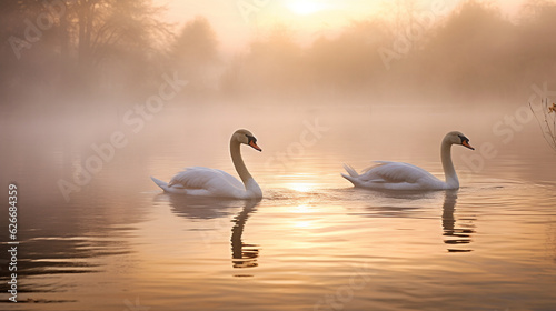 A pair of swans gliding through a mist-covered lake at dawn  evoking a sense of mystery and enchantment Generative AI