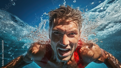 Cute Young man swimming the front crawl in a pool, AI generated image