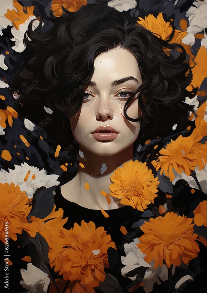 Floral orange color illustration painting generate by AI pretty girl