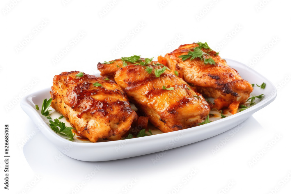 chicken drumstick with a spicy breading, decorated with lemon and served with a green garnish consisting of fresh vegetables, including lettuce leaves and tomato chunks. chicken drumstick with a spicy breading, decorated with lemon and served with a green garnish consisting of fresh vegetables, including lettuce leaves and tomato chunks.
