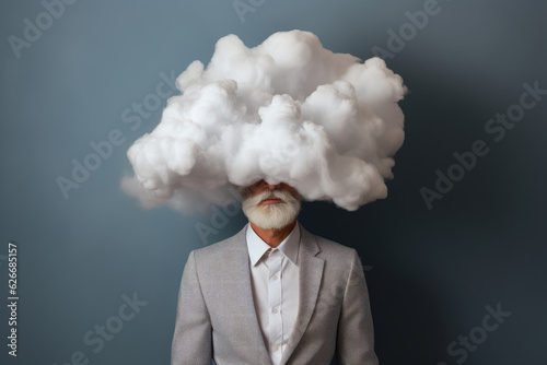 Tela businessman have cloud on head, deep in thought as he contemplates a complex problem, surreal