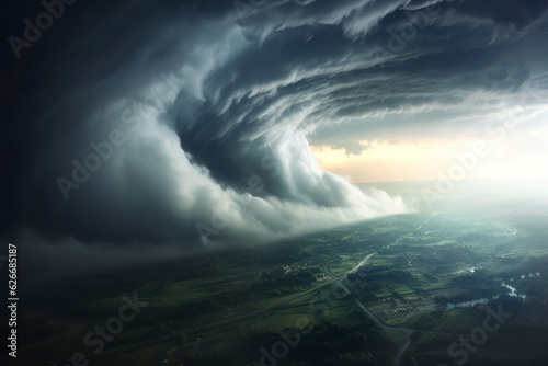 Gigantic powerful tornado passing through lowland. Hurricane spiral causing important damage and huge catastrophe. Conceptual illustration of the effects of climate change.