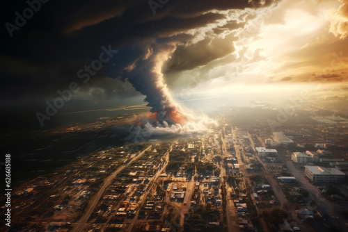 Gigantic and powerful tornado destroying a city. spiral causing important damage and huge catastrophe. Conceptual illustration of the effects of climate change.
