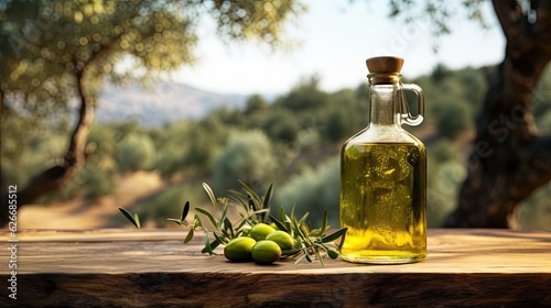 Fényképezés Imagine a olive oil bottle on wooden table placed between a olive forest