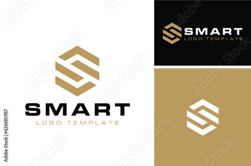 Golden Luxury Ribbon Initial Letter S with hexagon shape logo design