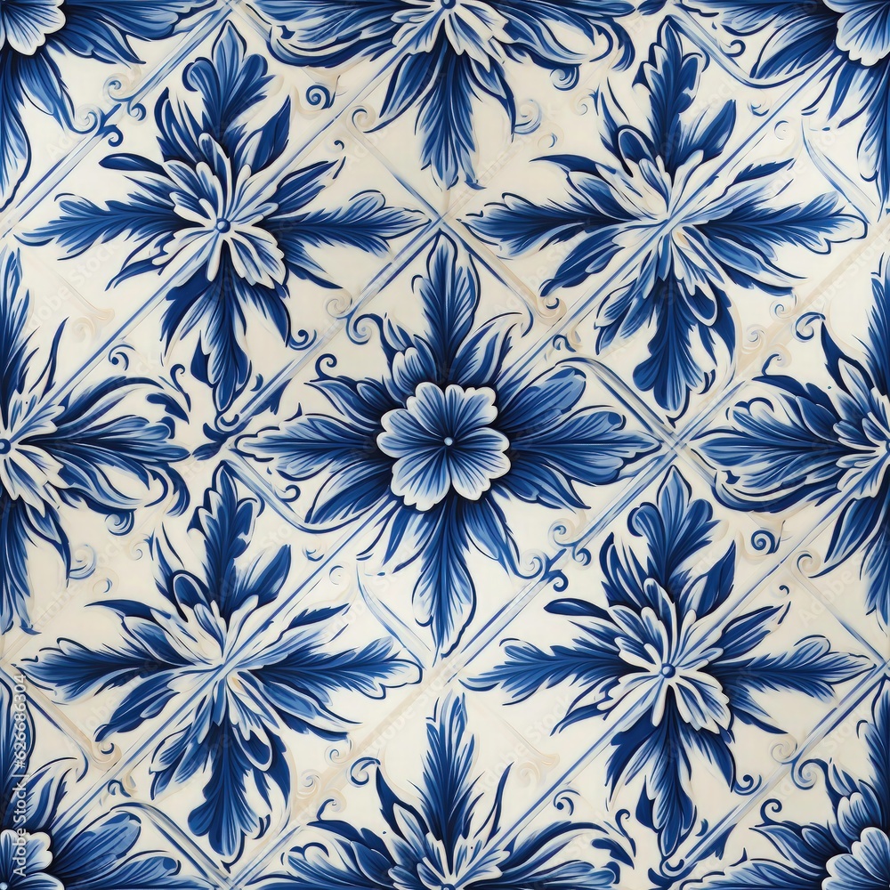 Seamless pattern of ceramic tile with blue floral ornament. Portuguese art
