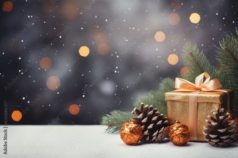 christmas and new year background - gift boxes and pine cones and branches on the background of bokeh garlands