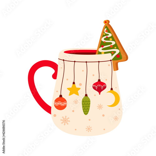 Christmas mug with hot drink and gingerbread tree, cup with New Year toys. Vector hot chocolate cocktail, eggnog winter holiday beverage