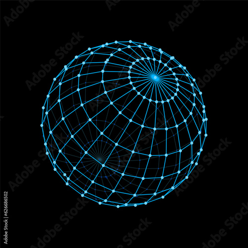 3d wireframe sphere and futuristic ball shape. Virtual wireframe model, futuristic blue wire vector model, data visualization dimensional grid sphere hologram. Digital technology geometric ball