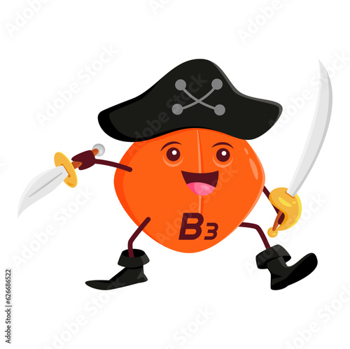 Cartoon B3 niacin vitamin and micronutrient pirate or corsair character. Isolated vector capsule dressed in filibuster costume, ready to help boost your health. Funny swashbuckling pill adventurer