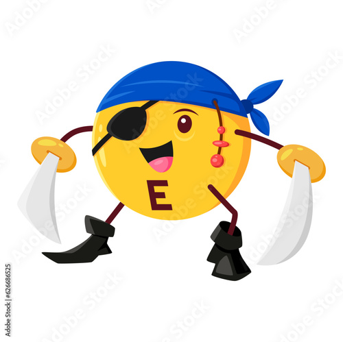 Cartoon vitamin E, Tocopherol micronutrient pirate or corsair character. Isolated vector pill in rover outfit. Medical capsule nautical personage dressed in buccaneer costume with eyepatch and swords