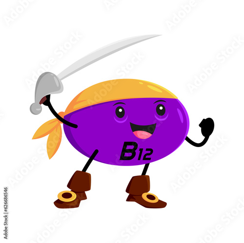 Cartoon B12 vitamin cyanocobalamin micronutrient pirate or corsair character. Isolated vector happy energetic pill personage in filibuster outfit complete with bandana and cheerful fun expression