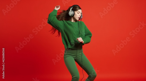 Full length photo of shiny young woman dressed green knitted sweater headset dancing singing isolated red color background Generated Ai © Creative artist1