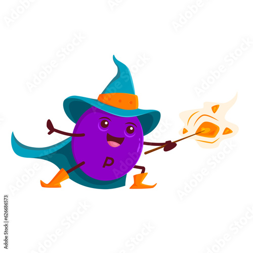 Cartoon phosphorus mineral micronutrient wizard character. Isolated vector P warlock or necromancer personage wear cape and hat casts spell holding staff in hand. Funny food supplement mage or wiz