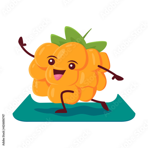 Cartoon cloudberry character engaging in yoga or fitness exercises. Isolated vector whimsical berry, playful organic food personage in yogi pose on mat, endorsing lifestyle of health and wellness