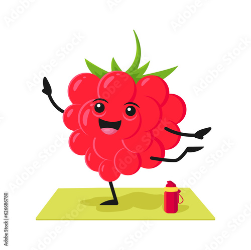 Cartoon raspberry berry character doing yoga or fitness workouts, standing in yogi asana on mat. Amusing vector organic food personage promote healthy living, wellness and sport activities in gym