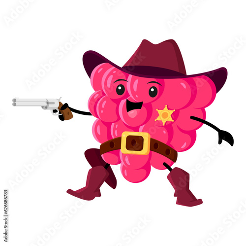 Cartoon funny raspberry cowboy, sheriff character. Vector wild west ripe raw berry wear hat, badge and boots with belt shoot with gun. Western personage for kid game or book, vitamin healthy food