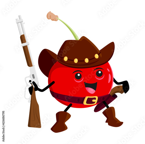 Cartoon cherry berry cowboy, sheriff, robber, bandit or ranger character. Vector wild west hero in hat and belt stand with rifle in hand. Western healthy food personage for kid menu, dessert or juice