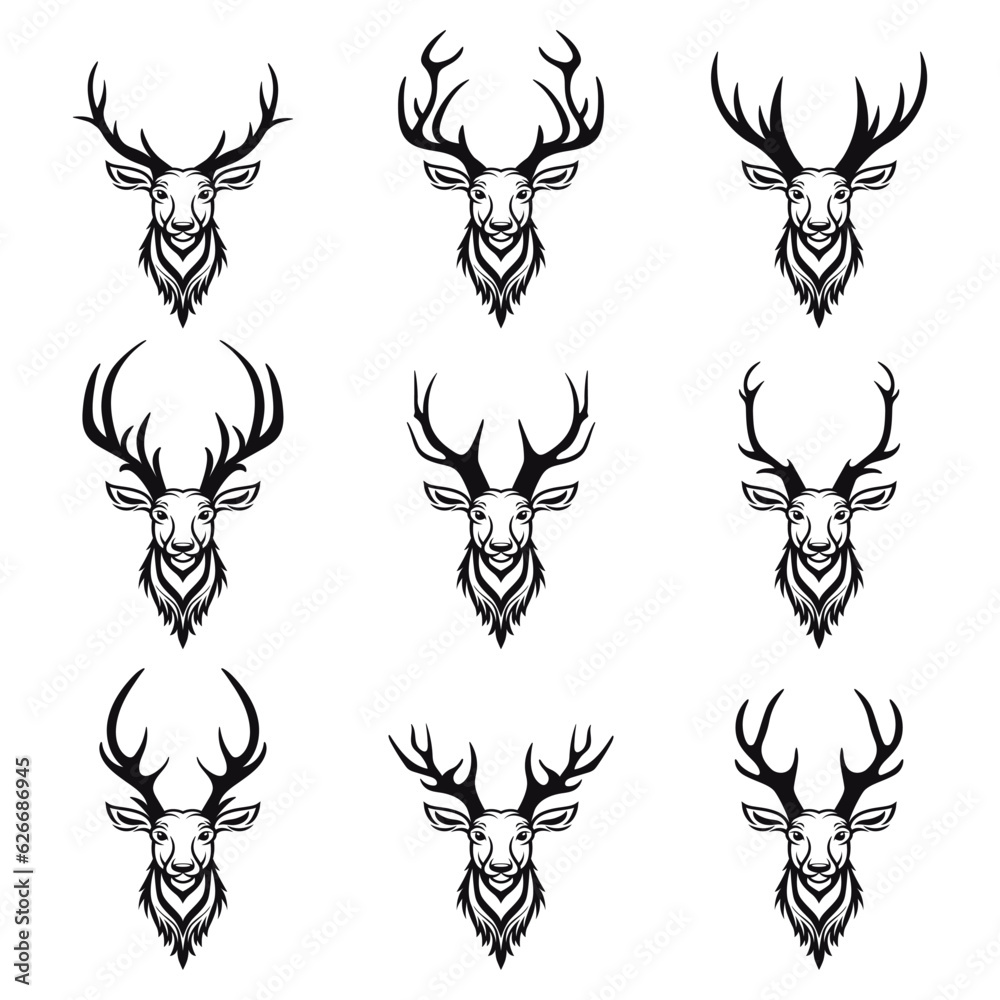 Vector Christmas Reindeer Horns, Antlers. Deer Horn Silhouettes. Hand Drawn Deers Horn, Antler Set. Animal Antler Collection. Design Elements of Deer. Wildlife Hunters, Hipster, Christmas Concept