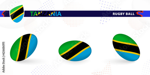 Fotografie Rugby ball set with the flag of Tanzania in various angles on abstract background