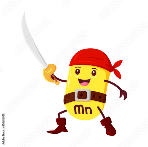 Cartoon vitamin and Mn micronutrient pirate or corsair character. Vitamin tablet, micronutrient dragee or healthy nutrition mineral pill buccaneer pirate cute vector personage with cutlass sword