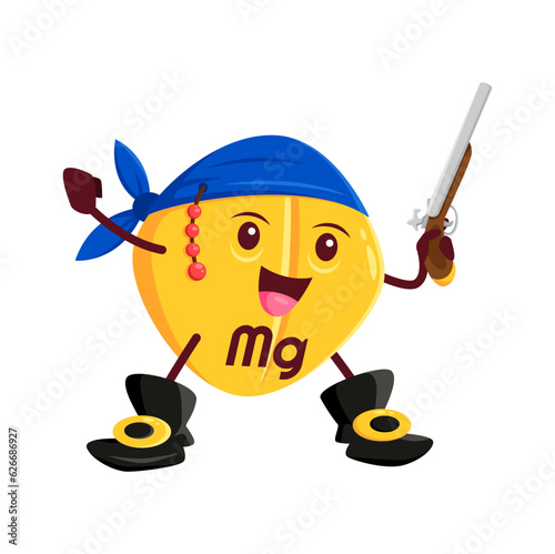 Cartoon vitamin and Mg micronutrient pirate or corsair character. Vitamin dragee, micronutrient tablet or healthy nutrition mineral privateer pirate happy vector personage in bandana, holding pistol